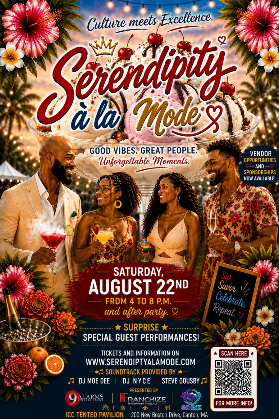 Serendipity À La Mode event flyer — Saturday, August 22nd at 4 P.M., ICC Tented Pavilion, 200 New Boston Drive, Canton, MA