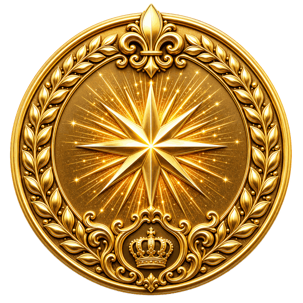 The Serendipitous Distinction Award medallion — a golden radiant star seal crowned with a regal crest